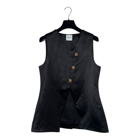 Posse Gigi Gilet Black Satin Vest Gold Buttons Size Small - Picture 3 of 10